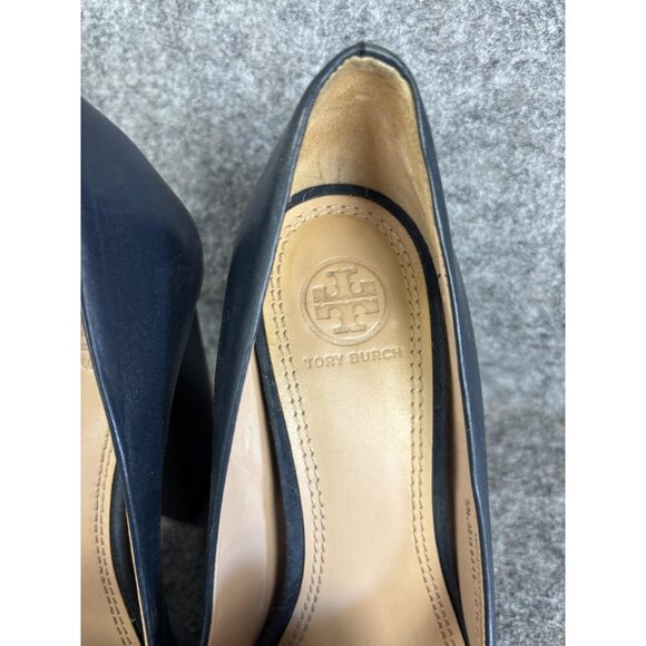 Tory Burch Shoes Womens Size 7.5 Navy Block Heel Loafer Pumps Pointed Toe Suede - Picture 3 of 9
